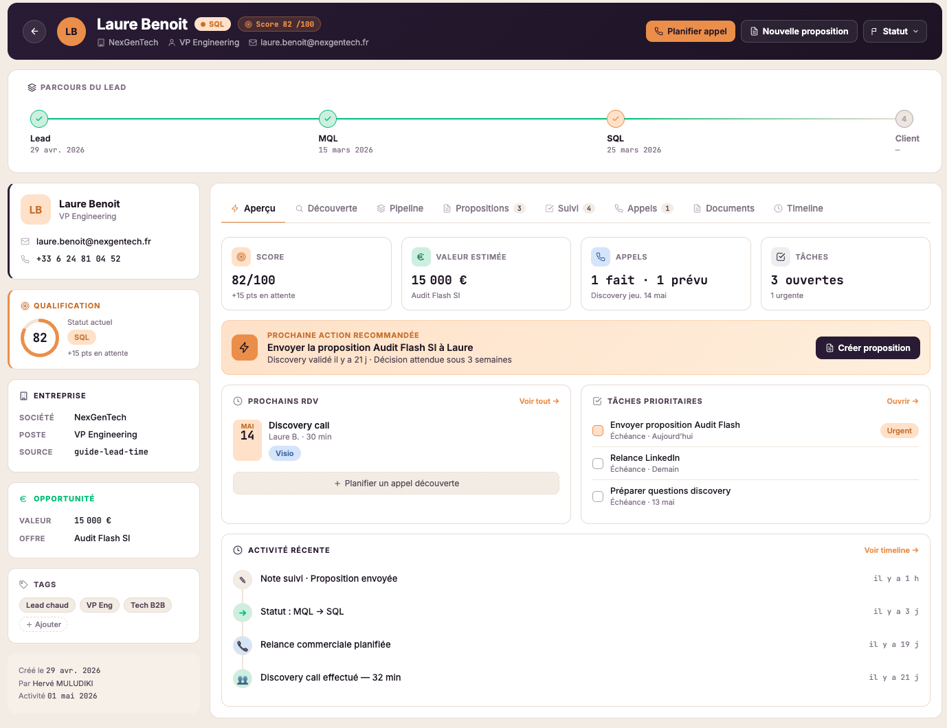 La gestion des leads dans crmcoaching, le SaaS que je développe avec Claude